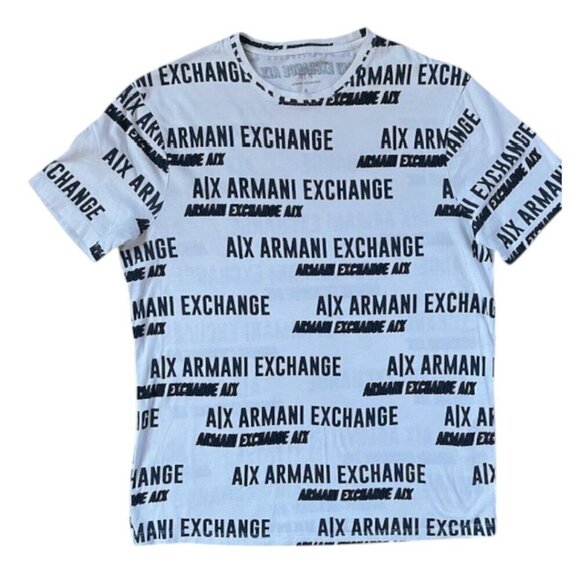 ARMANI EXCHANGE Men's All Over Logo White Navy Crew Neck T-Shirt Tee Size Small - Picture 1 of 7